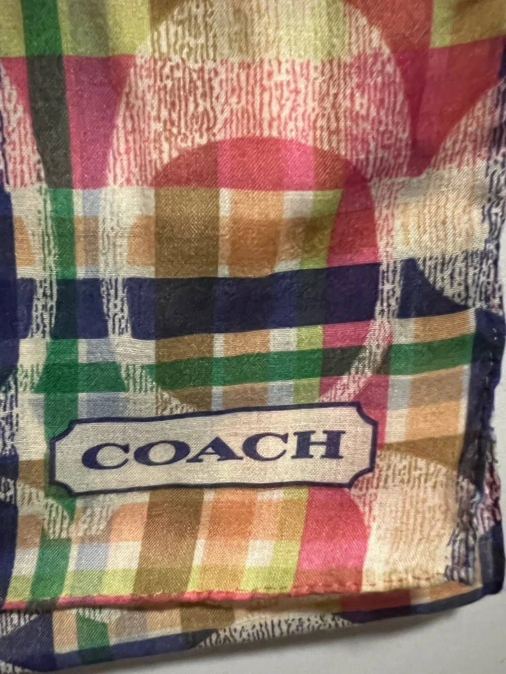 Coach Multi Signature Madras Plaid Stripe Oblong Wrap Scarf